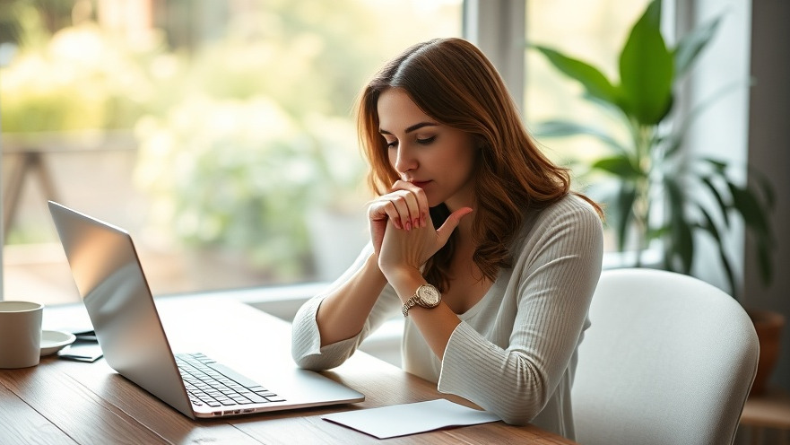 Calm woman performing hand exercises for relief from wrist pain at a desk.
