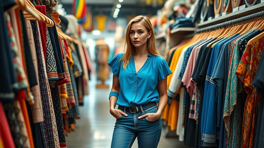 Stylish woman practicing thrift store strategies, browsing vibrant vintage clothing.