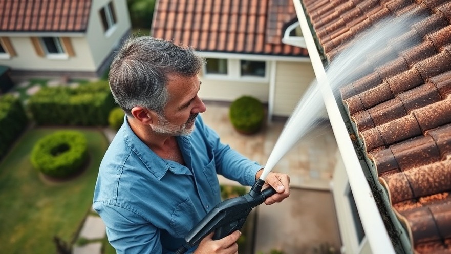 Middle-aged man performs home maintenance by cleaning gutters for curb appeal.