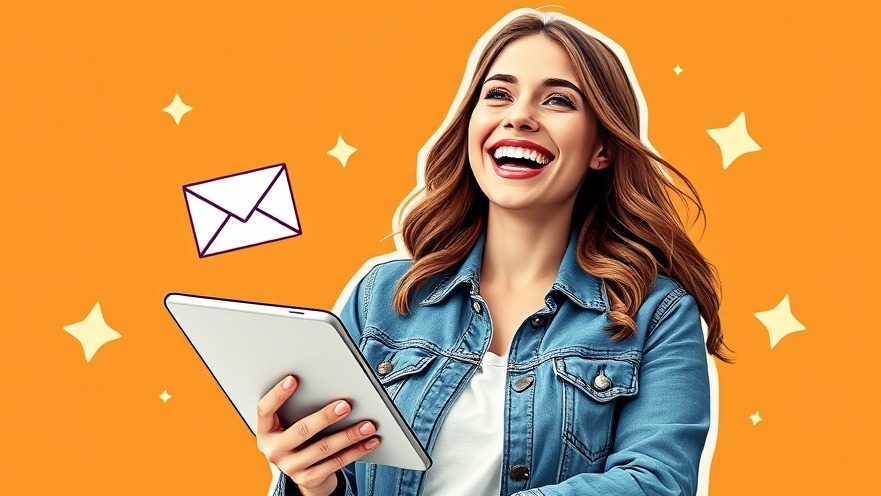 Joyful woman with tablet in summer marketing tips illustration, vibrant colors.