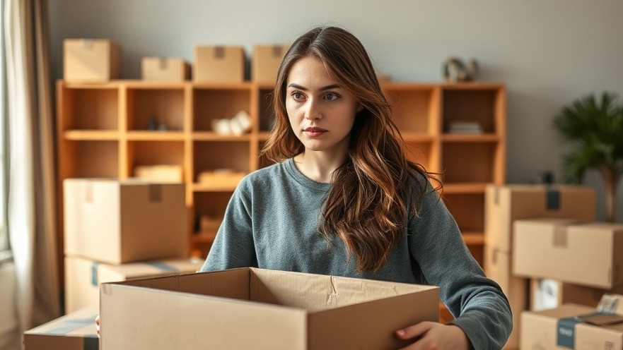 Young woman arranging eco-friendly moving boxes in a modern apartment.
