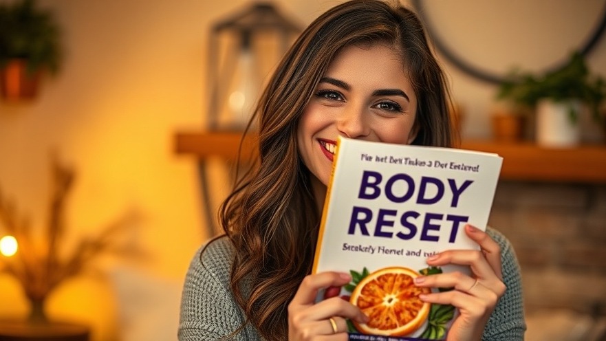Smiling woman promoting intuitive eating with 'Body Reset Diet' book in cozy setting.