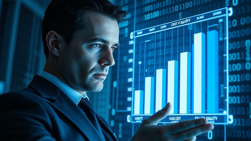 Businessman analyzing incremental changes in digital marketing metrics with a 3D graph.