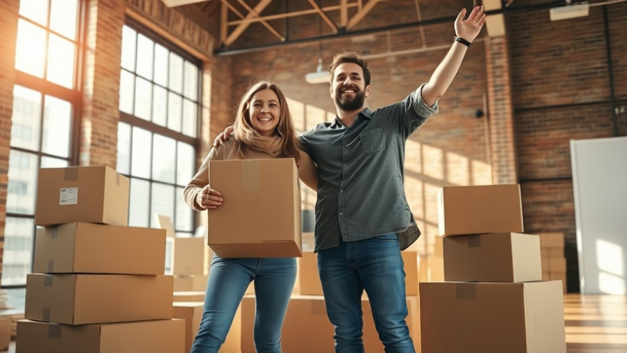 Young couple excited about the self-employed home buying process in a sunlit room.