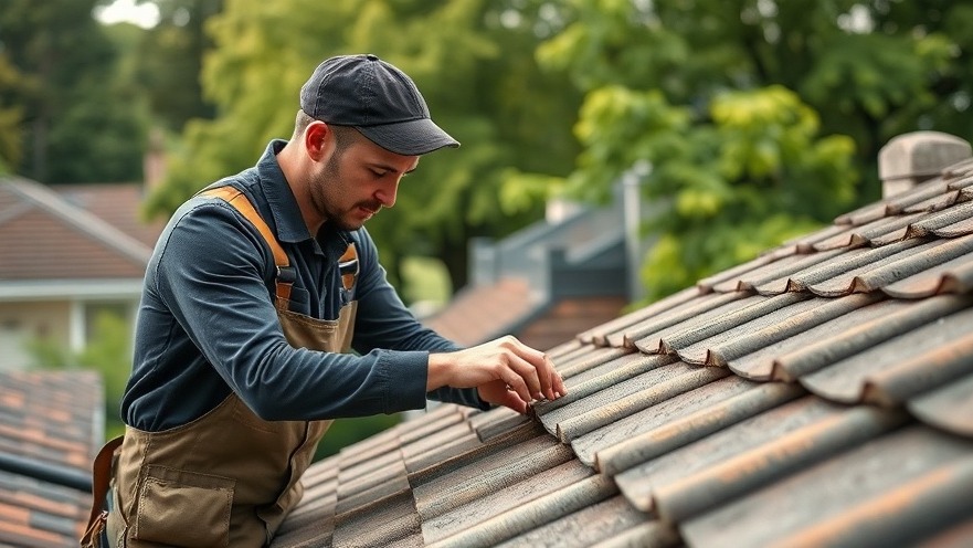 Roof inspection by a focused worker checking tile alignment for home safety.