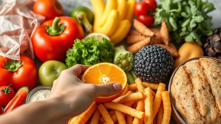Hand reaching for an orange among fresh and junk food, promoting intuitive eating.