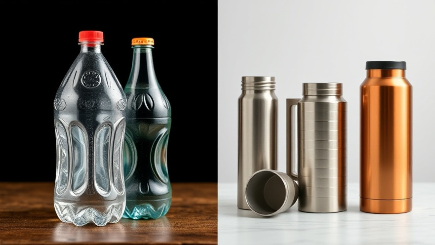 Split screen showing plastic bottles versus metal containers for reducing microplastics.
