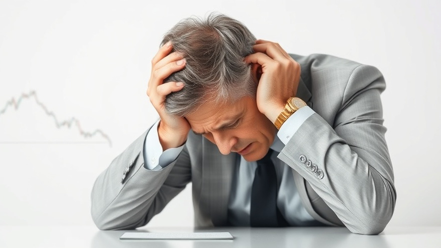 Middle-aged man in stress over financial literacy, facing a declining stock market.