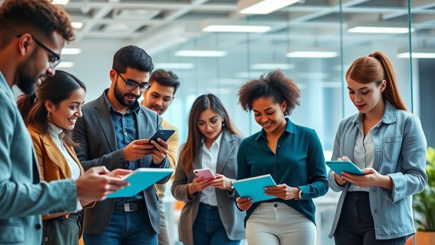Small business owners using digital devices to enhance AI search visibility in a vibrant office.