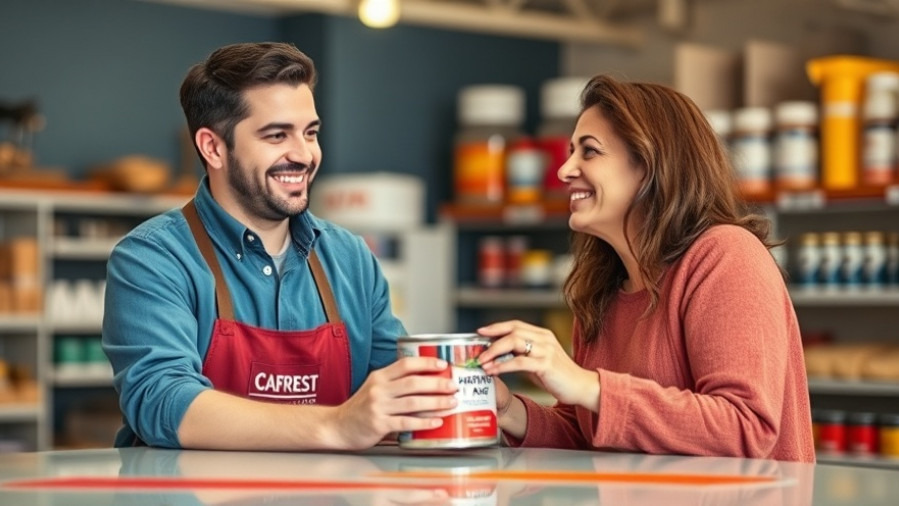 Smiling store employee helps homeowner with DIY project assistance in an eco-friendly home improvement setting.