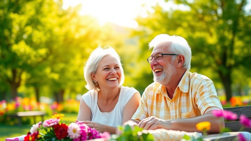 Cheerful retiree couple picnicking in a sunny park, embodying financial stability and joy.
