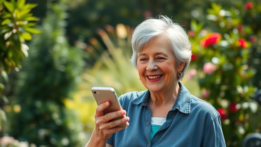 Older woman smiling with smartphone in lush garden, showcasing AI health benefits.