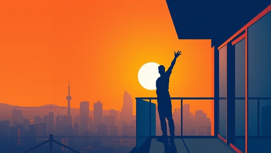 Morning routine for wealth: vibrant sunrise, silhouette stretching, city skyline.