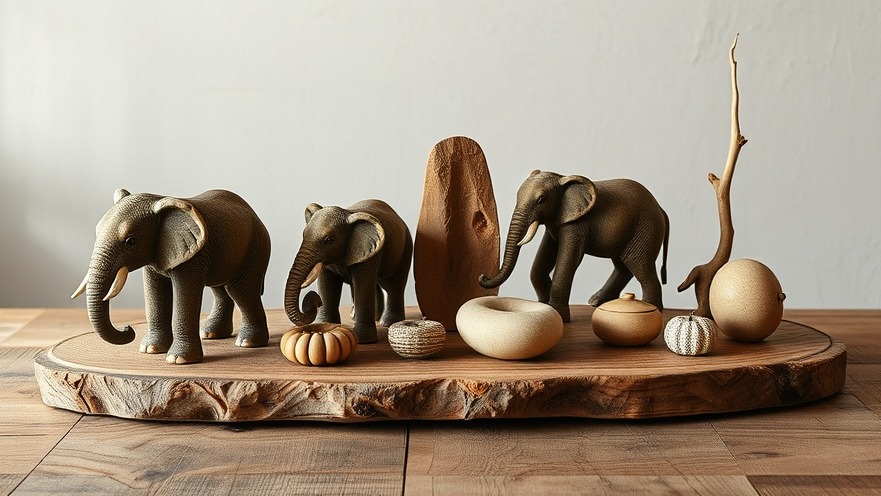 Rustic wooden decor with elephant sculptures and wildlife conservation art.