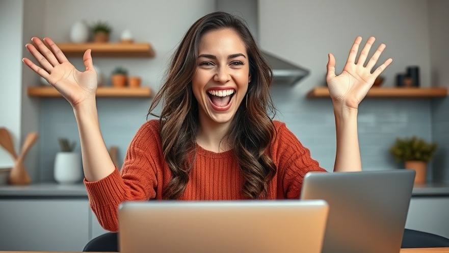 Joyful young woman celebrating tax savings from refundable tax credits in a modern kitchen.
