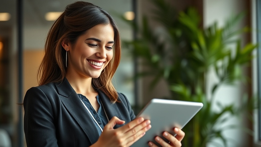 Confident woman in modern office reviewing a real estate agreement on a tablet.