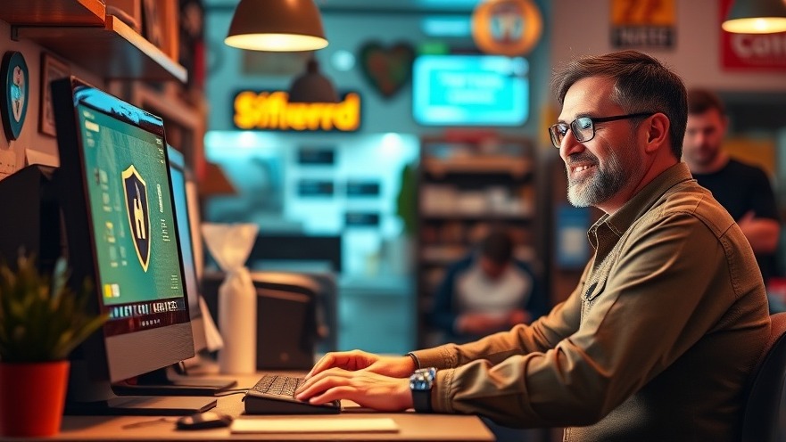 Local shop owner using antivirus software for cybersecurity for small businesses.