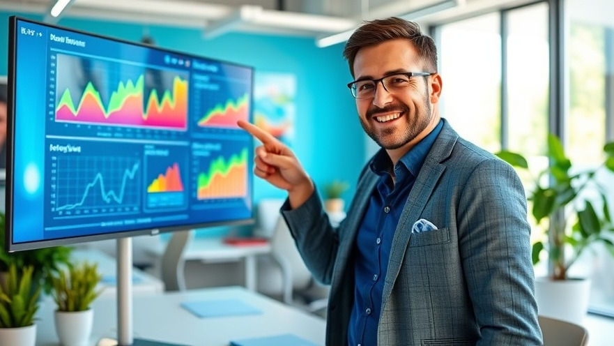 Business owner excitedly analyzing content performance analytics for ROI of content.