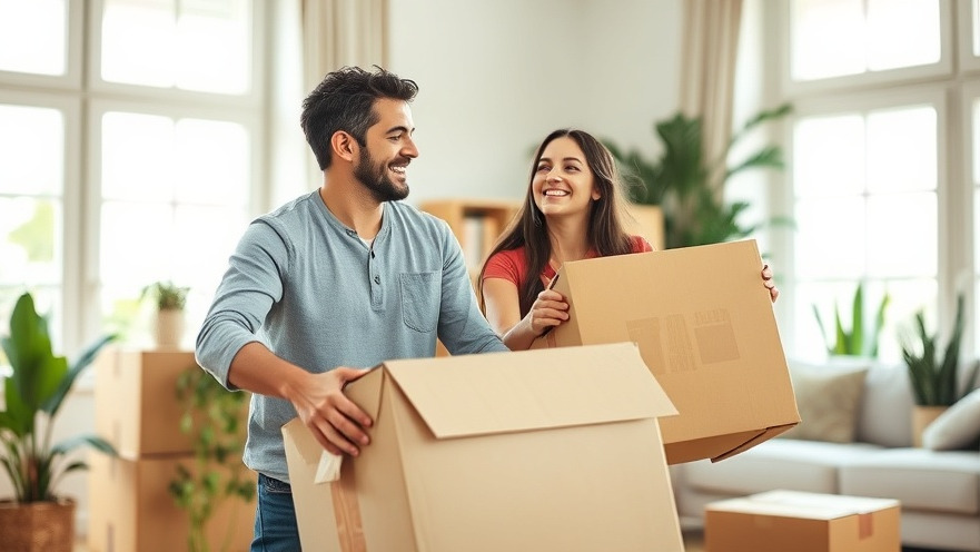 Happy couple unpacking in their new home during the mortgage pre-approval timeline.