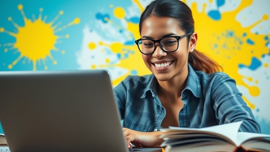 Person smiling while using a laptop, highlighting content marketing and link building strategies.