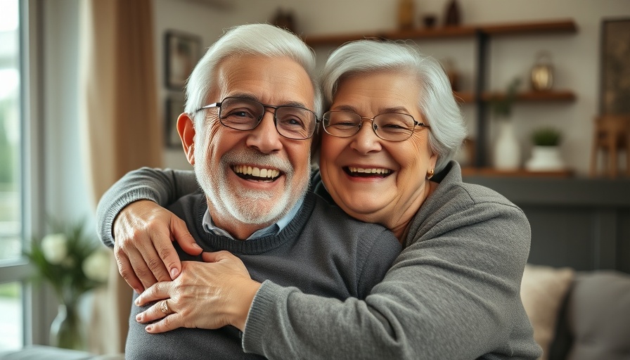 Joyful elderly couple embracing indoors, enjoying retirement life.