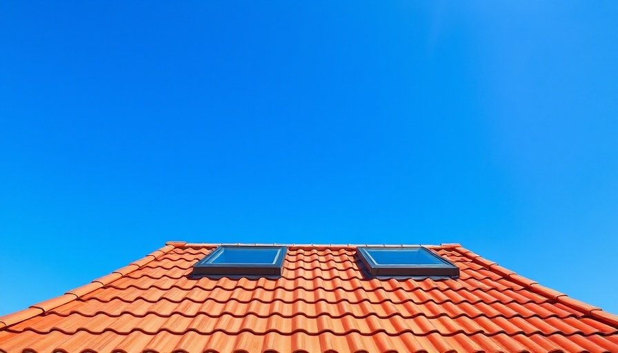 Modern red tile roof with skylights under clear sky.