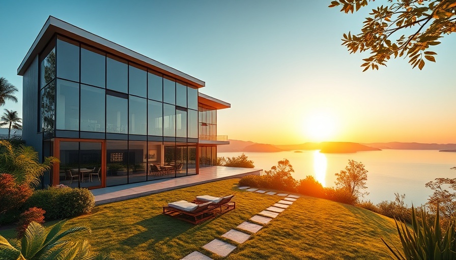 Modern custom luxury home at sunrise by a lake.