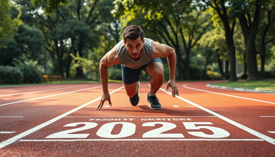 Athlete prepares to run on track marked 2025, inspiring goals.