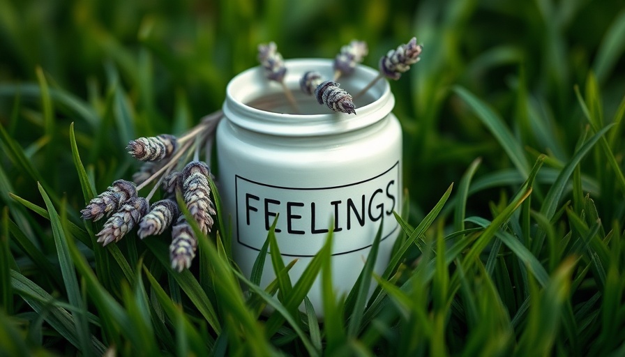 Delicate lavender in 'FEELINGS' jar on grass symbolizing emotional awareness.