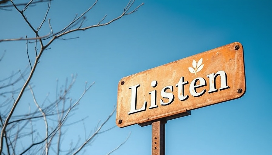Metal sign saying 'Listen' in a tranquil outdoor setting, emphasizing compassionate listening.
