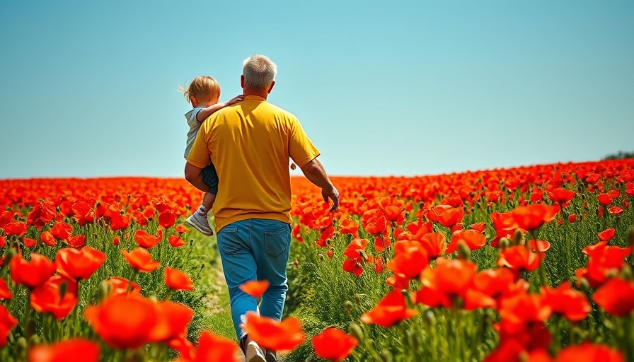 Father with two children walking in poppy field outdoors, family bonding.