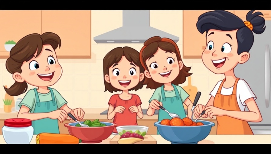 Animated family cooking together, sharing mealtime responsibility.