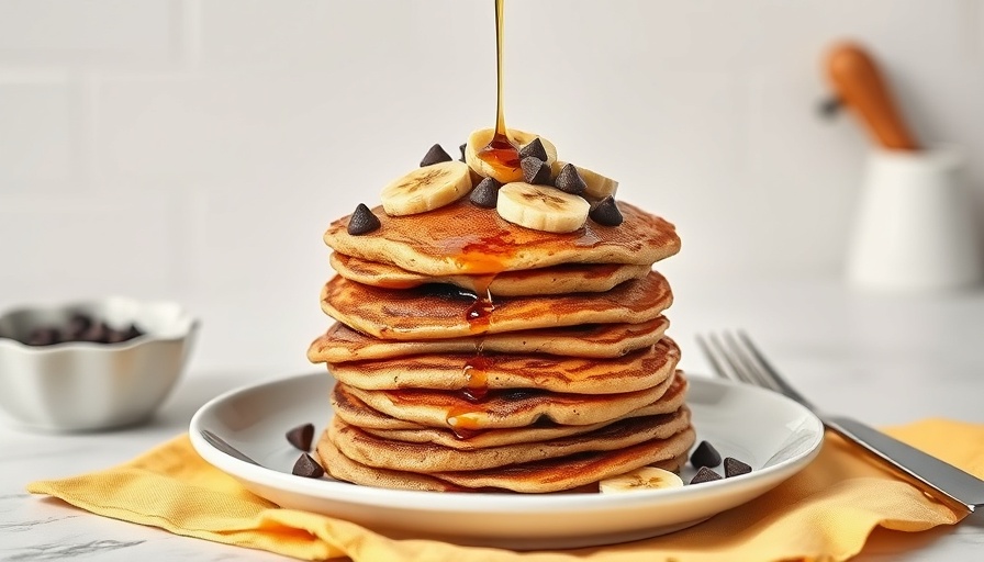 Vegan banana chocolate chip pancakes with syrup pouring.