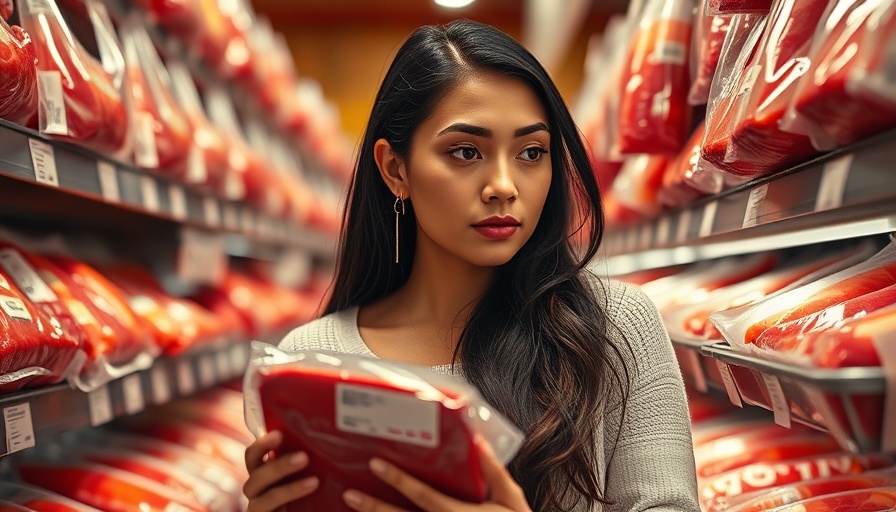 Woman assessing red meat in store, exploring dementia risk.