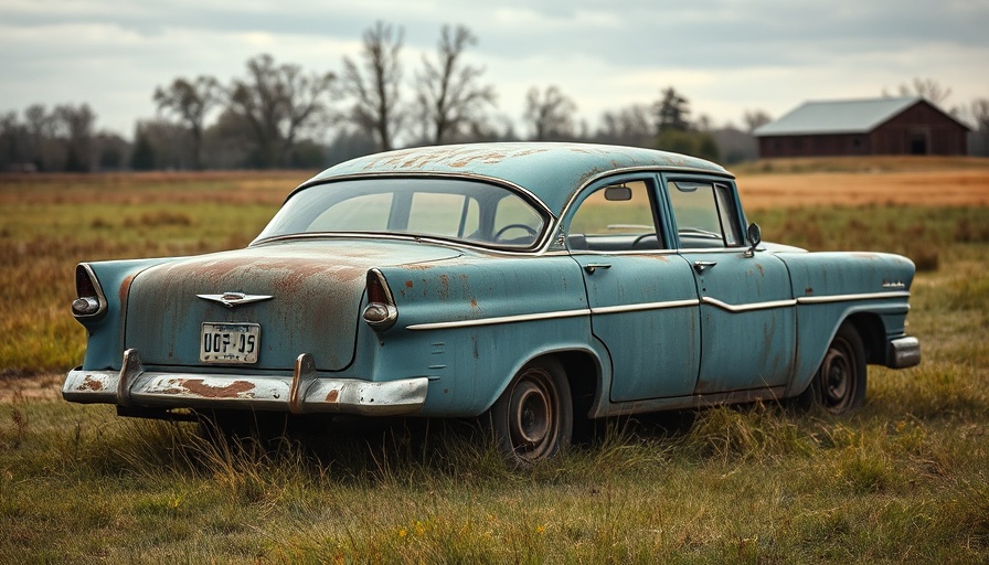 Rusted vintage sedan in grassy field, showing age.