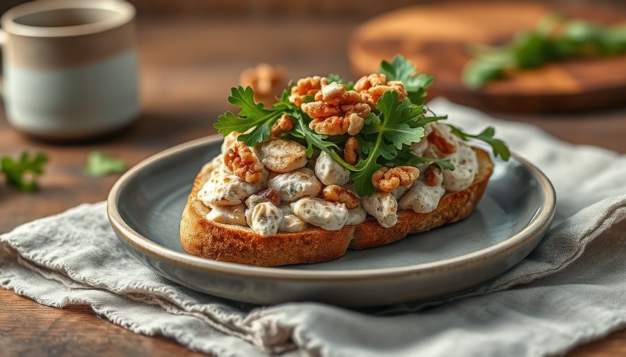 Chicken Salad Sandwich with Peppery Arugula Dressing and walnuts.
