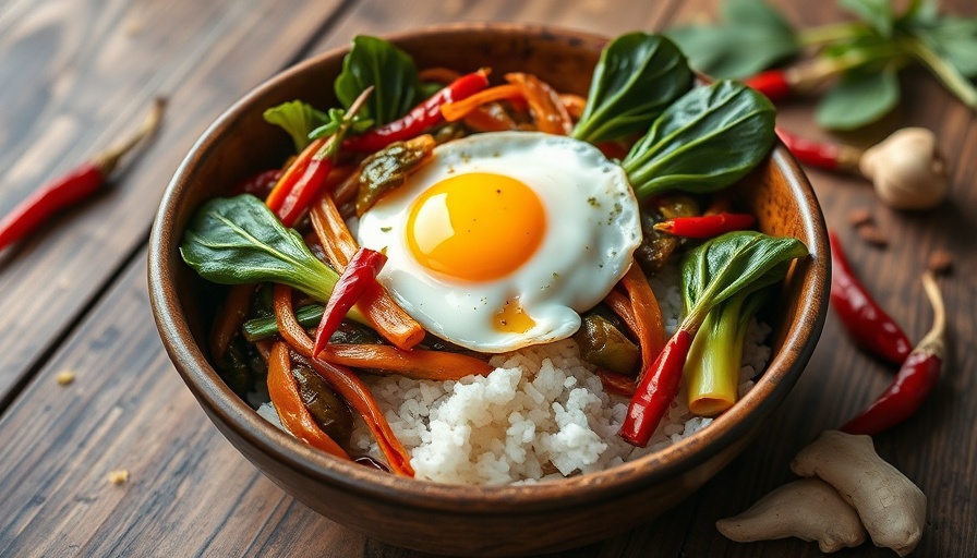 Spicy Ginger and Garlic Braised Bok Choy with Egg and Rice in a Bowl.