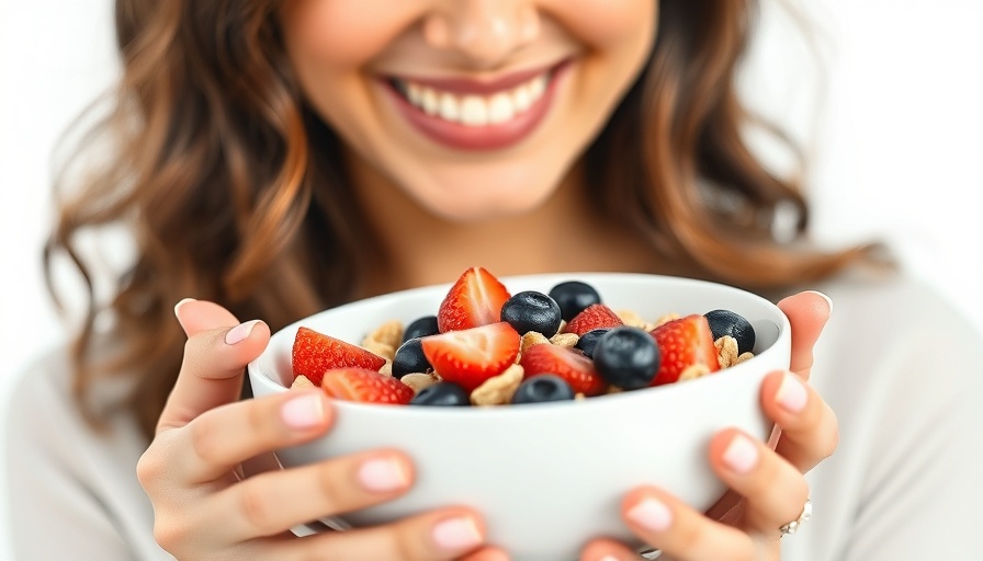 Woman enjoying breakfast cereal with berries, smiling.