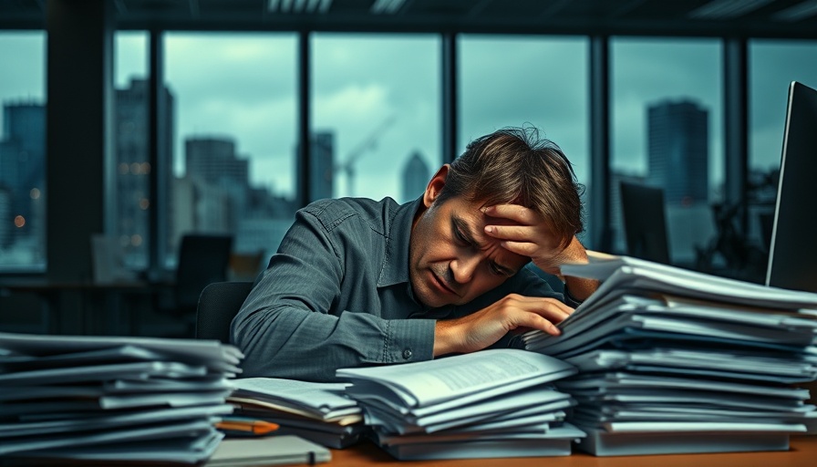 Exhausted worker overwhelmed by paperwork, Live-to-Work Mentality Costs.