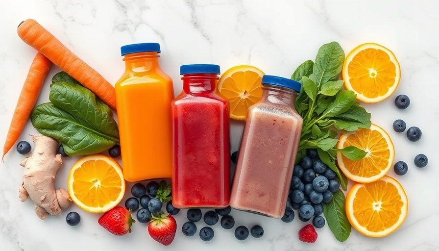 Colorful juice bottles surrounded by fresh fruits and vegetables for juice cleanses.