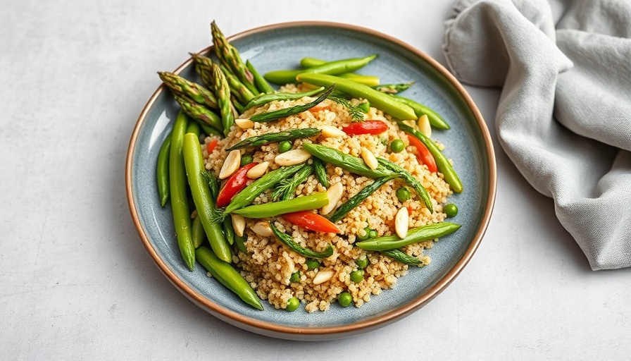 Snap pea, asparagus, and quinoa salad on a ceramic plate.