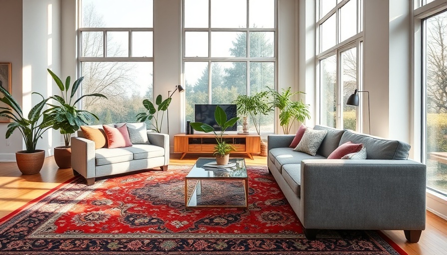 Living room with colorful carpet and bright natural lighting emphasizing regular carpet and gutter cleaning benefits.