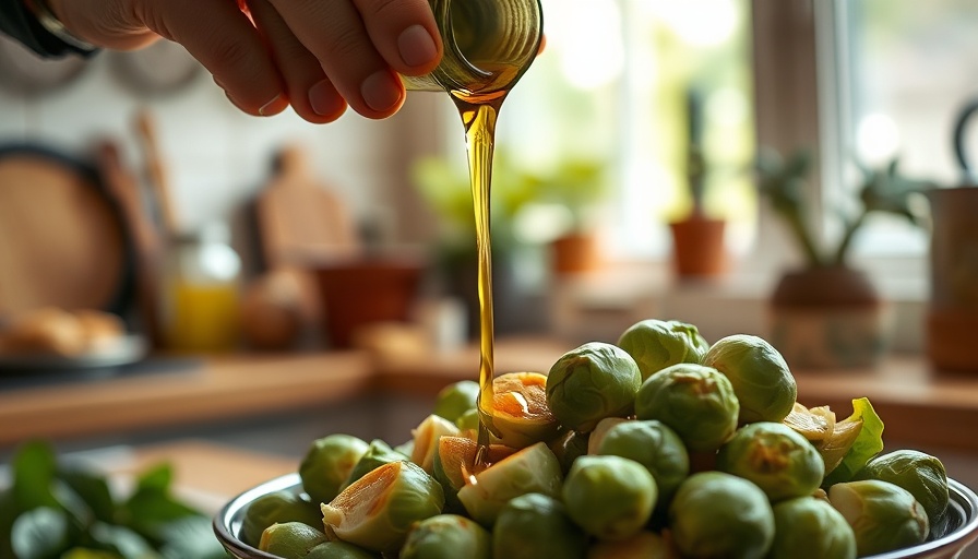 Person pouring seed oil over Brussels sprouts, showcasing seed oils benefits in kitchen.