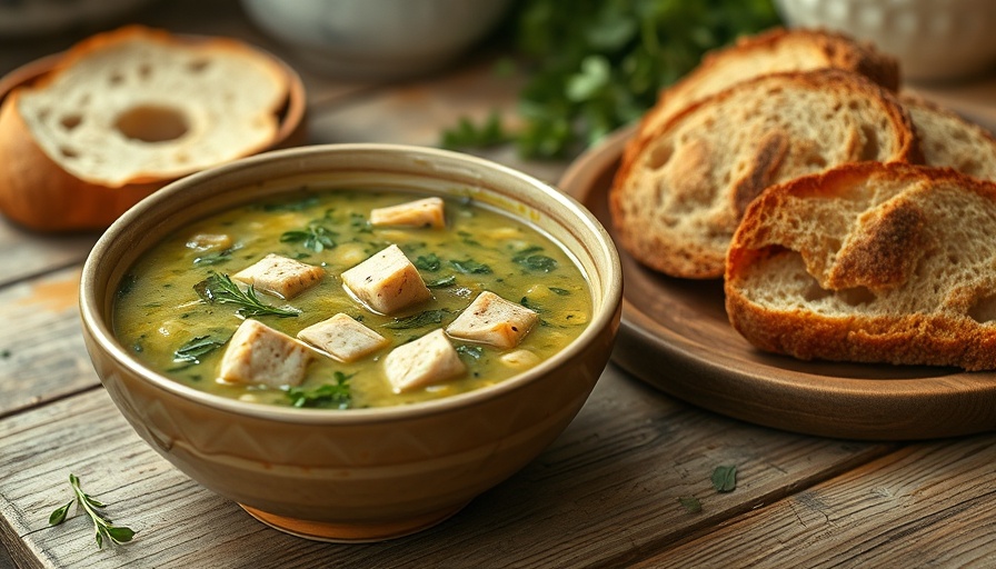 Turkey and collard green soup with rustic bread.