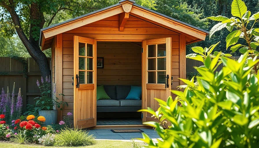 Charming oak outbuilding in lush garden for greener lifestyle.