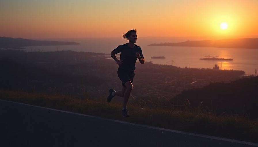 Runner pacing along a hilltop road during sunrise with city view.
