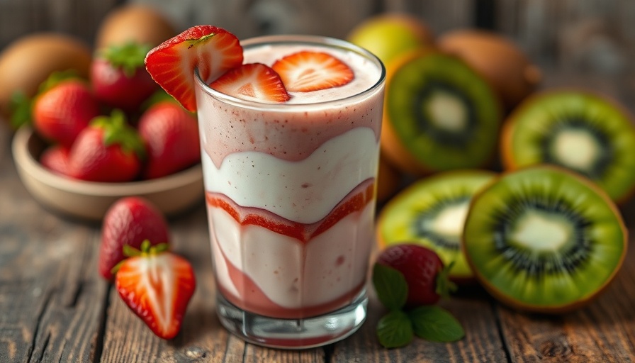 Layered strawberry and cream smoothie on table, viral food trends