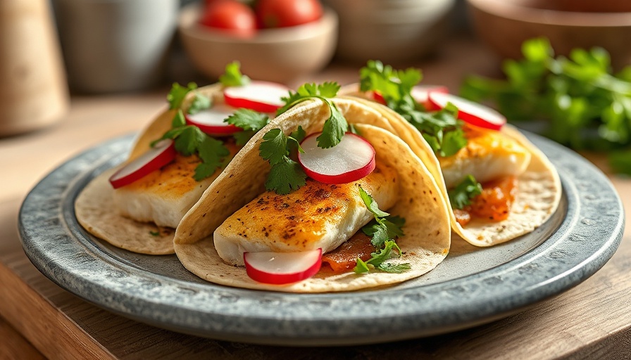 Halibut tacos with spicy cilantro pea purée, artistic presentation.