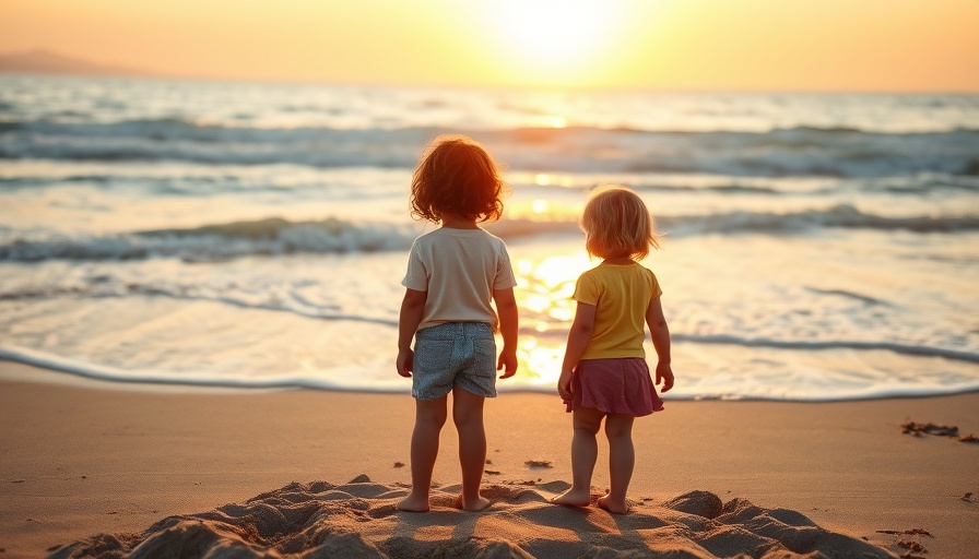 Children enjoy sunset at the beach, calm and serene.