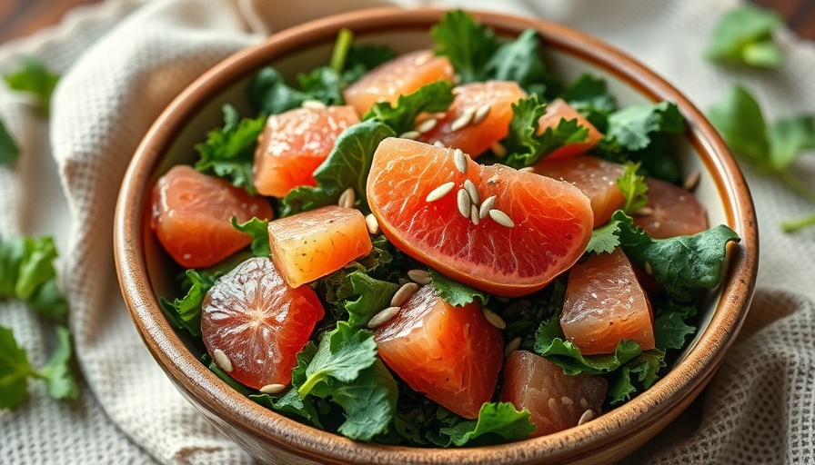Colorful kale and grapefruit salad with seeds on fabric.